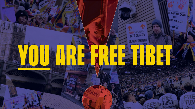 Header banner is a collage from various Free Tibet campaigns over the years, including Thermo Fisher, Hikvision and National Uprising Day. There is a red exclamation mark similar to Free Tibet’s logo in the center, and in bold yellow writing reads “You Ar