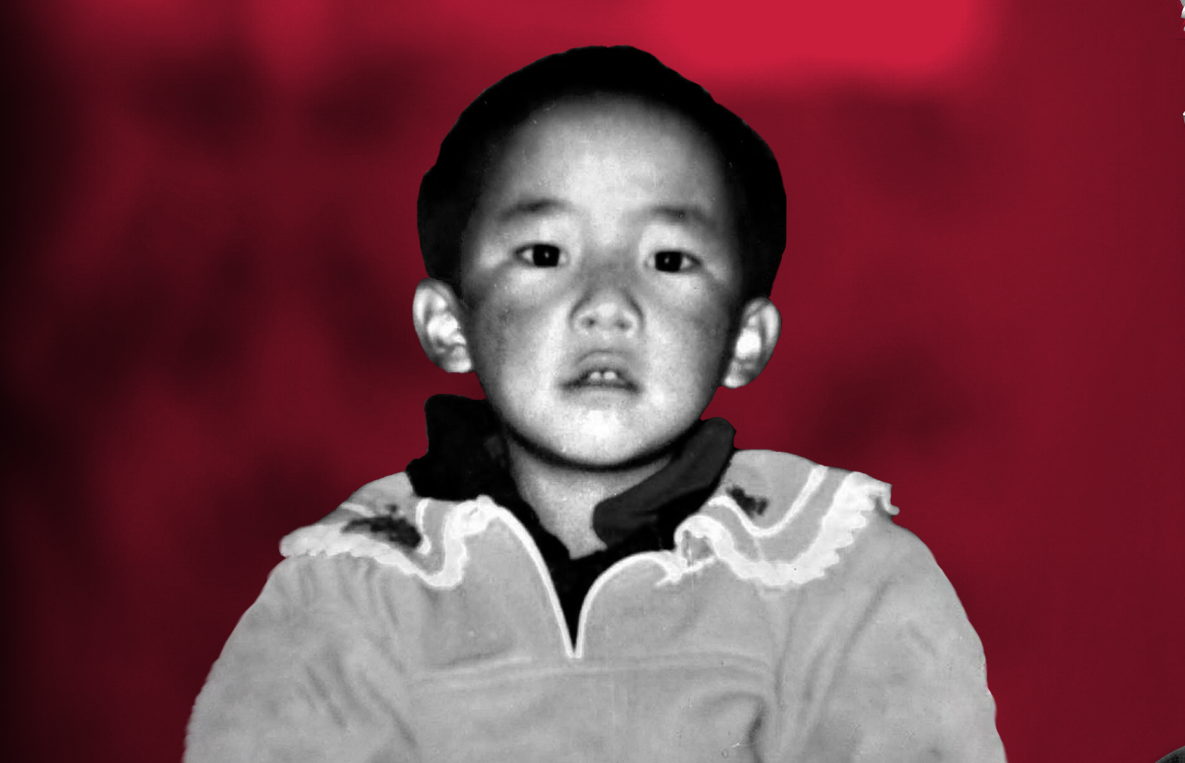 Black and white photograph of six year-old Panchen Lama against a red background.