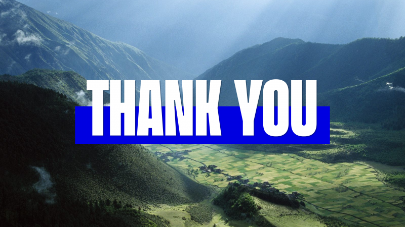 Photograph of green, hilly Tibetan landscape with "Thank you" in white graphic text.