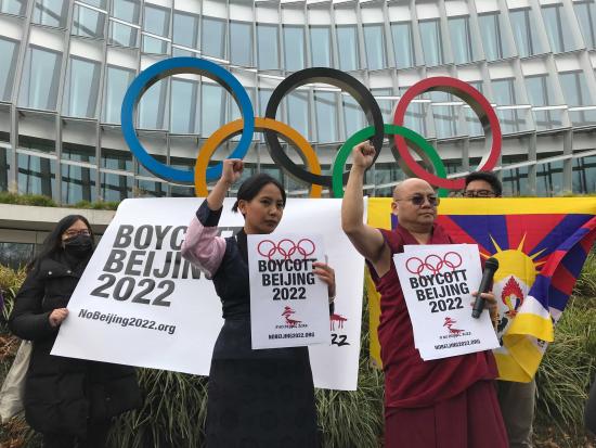 Protesters gather outside the IOC headquarters