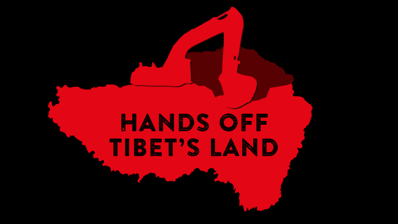 A Graphic of Tibet's map, with the text "Hands Off Tibet's Lands" written on it.